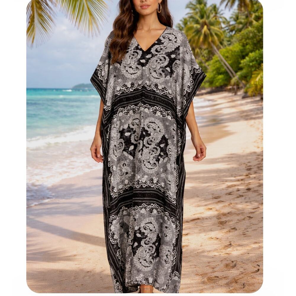 Sante' Kaftan MuMu Blue/Beige Maxi V Neck Free Size